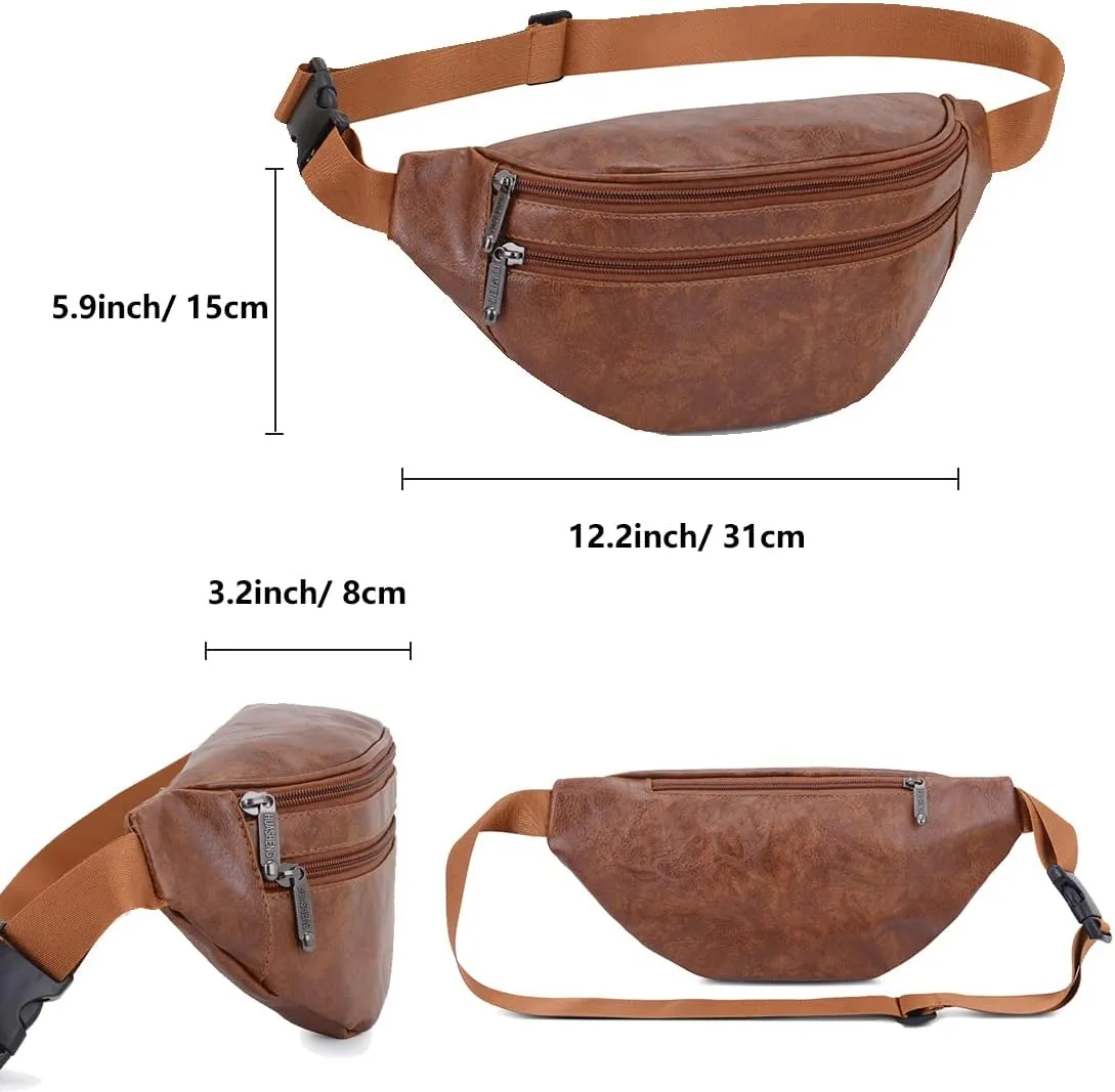 Leather Fanny Packs for Men Women, Brown Belt Bag Fashionable Waist Pack Sling Crossbody Bags Purse for Casual Workout Travel Camping Hiking Walking
