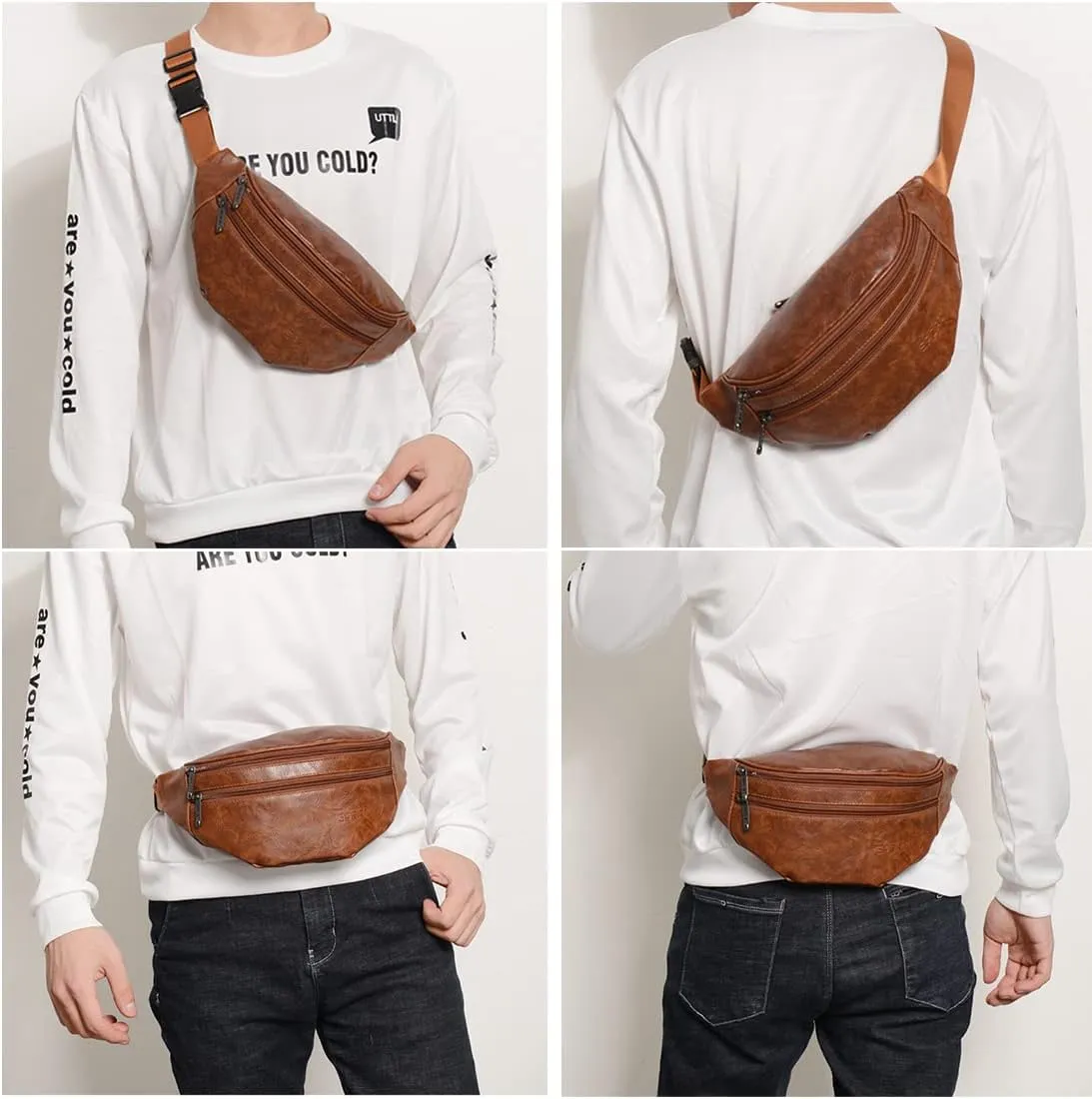 Leather Fanny Packs for Men Women, Brown Belt Bag Fashionable Waist Pack Sling Crossbody Bags Purse for Casual Workout Travel Camping Hiking Walking