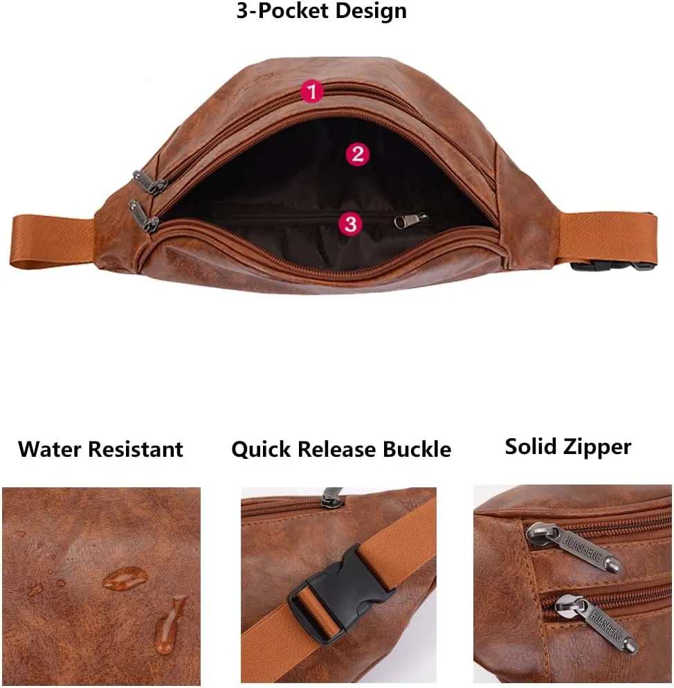 Leather Fanny Packs for Men Women, Brown Belt Bag Fashionable Waist Pack Sling Crossbody Bags Purse for Casual Workout Travel Camping Hiking Walking