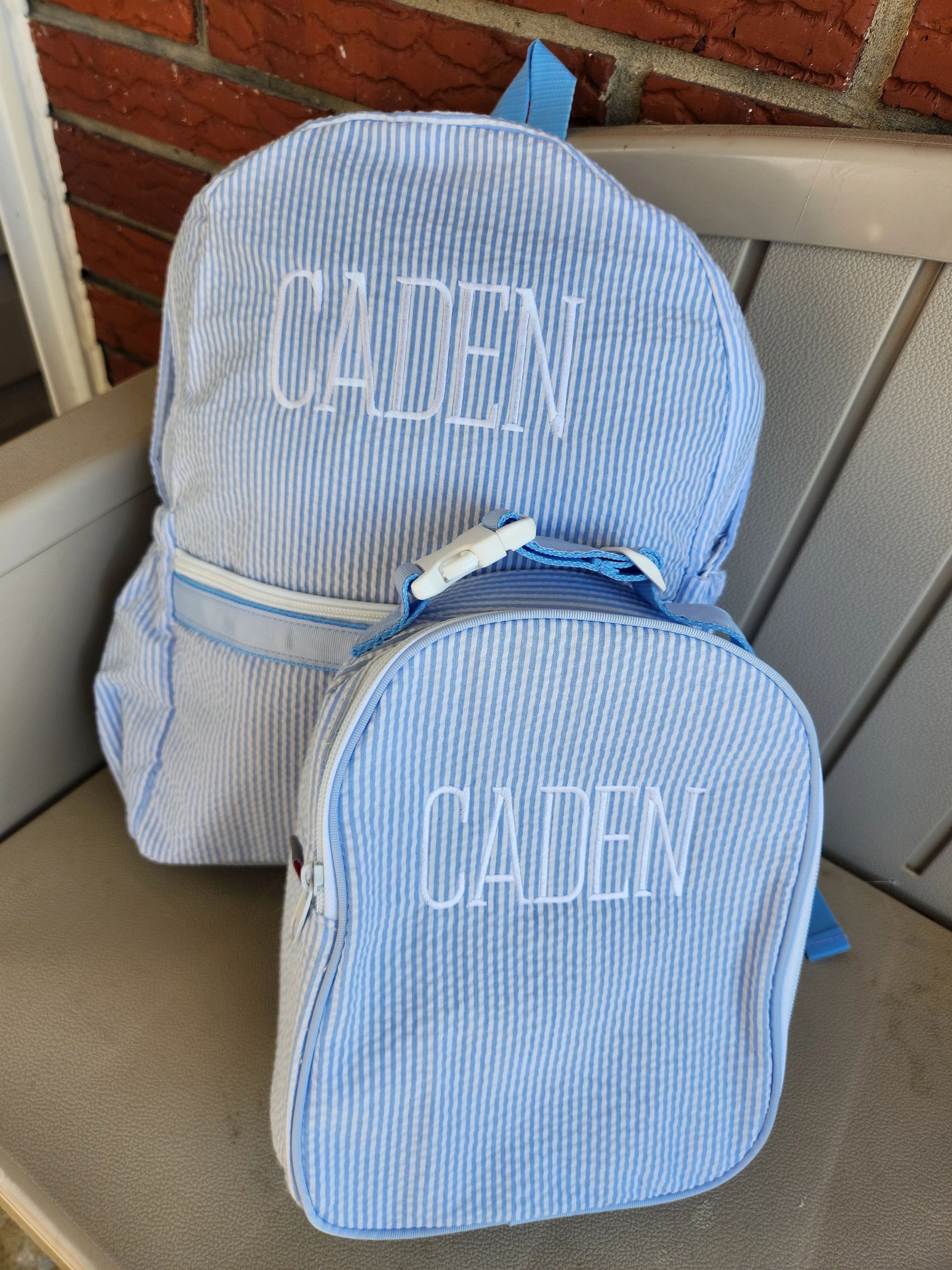 Light Blue Seersucker Backpack