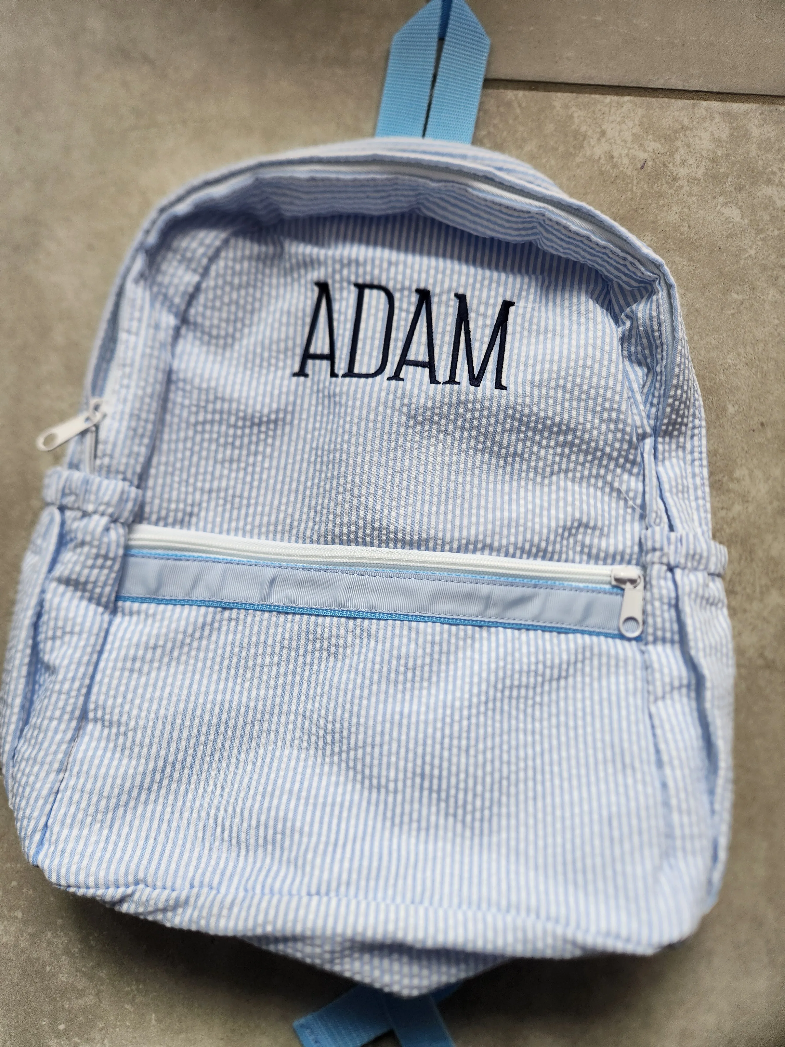 Light Blue Seersucker Backpack
