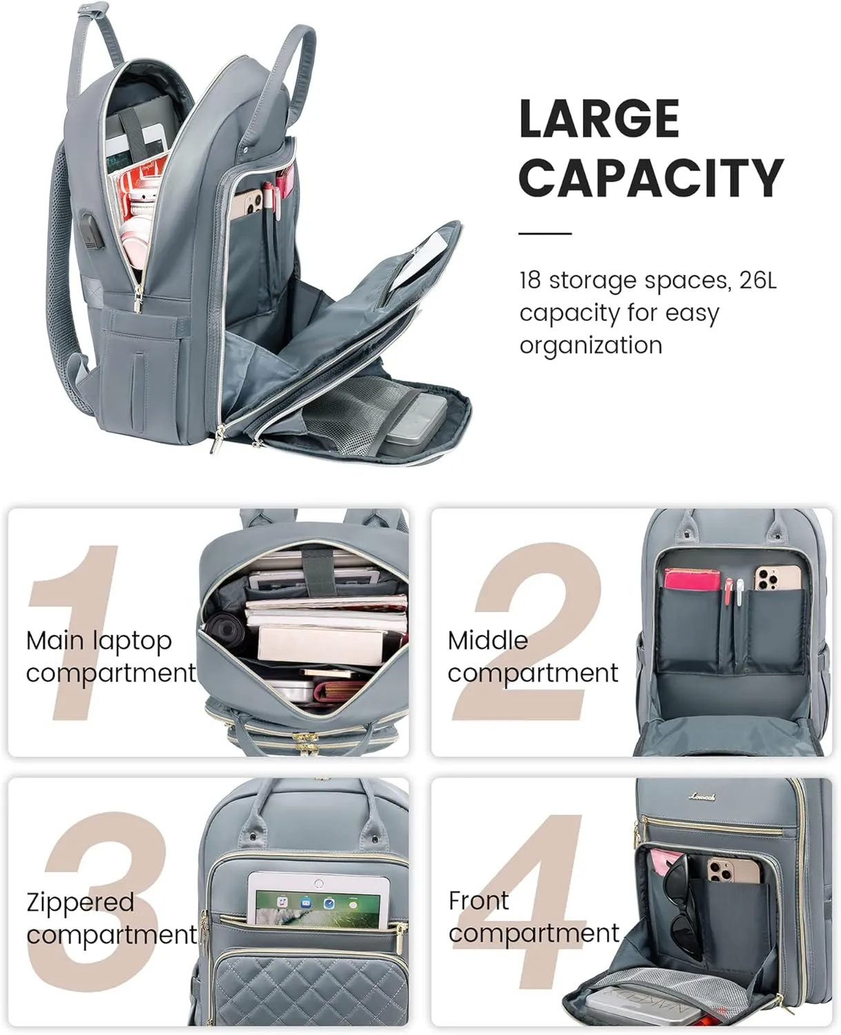 LOVEVOOK Laptop Backpack for Women, 15.6 Inch, Grey, Water Resistant, Lightweight, USB Charging, Quilted Commuter Backpack, 27 Layer Capacity