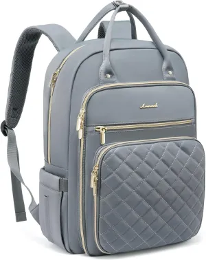 LOVEVOOK Laptop Backpack for Women, 15.6 Inch, Grey, Water Resistant, Lightweight, USB Charging, Quilted Commuter Backpack, 27 Layer Capacity