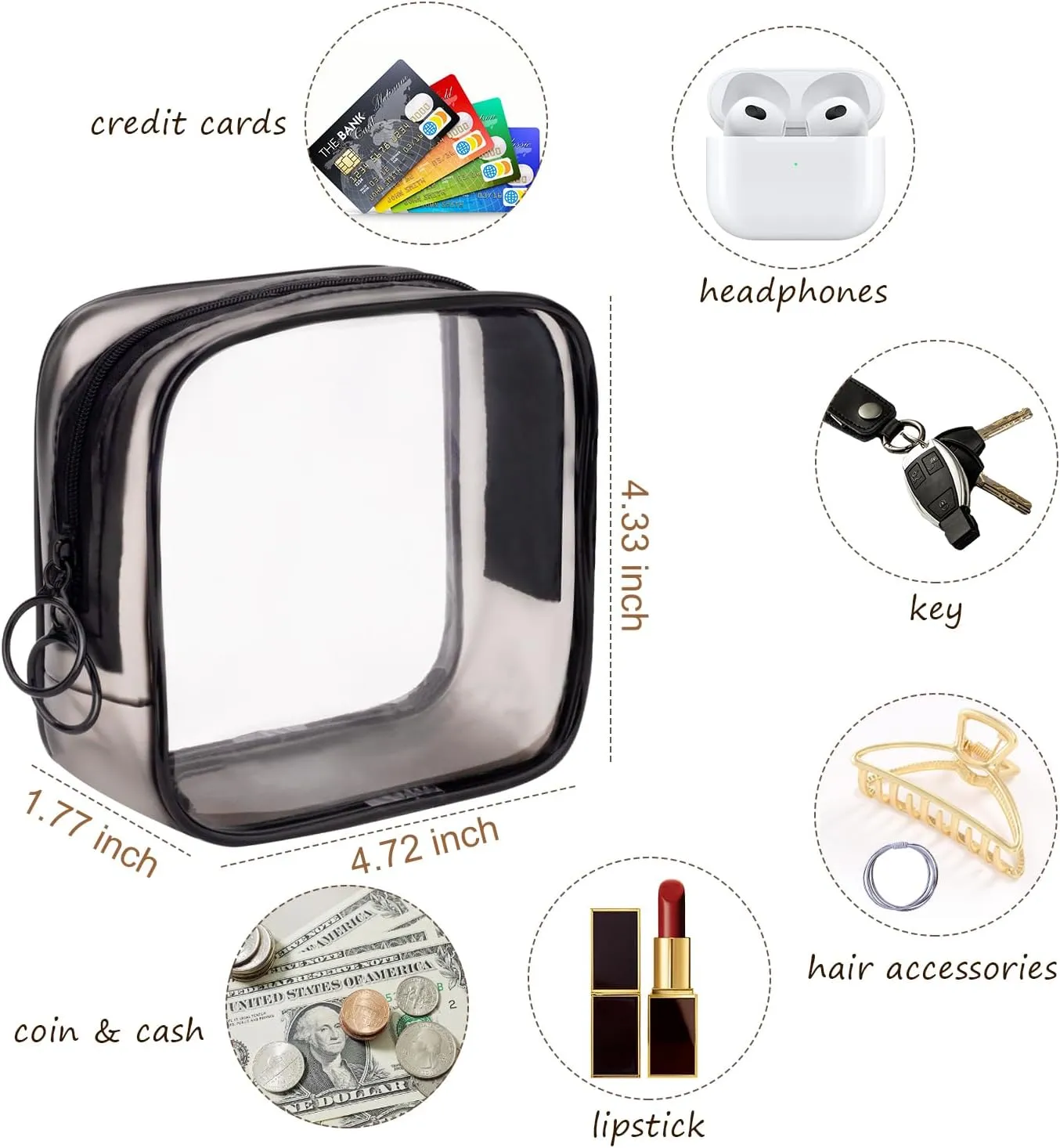 LYroo Black Small Makeup Bag Clear Mini Makeup Zipper Pouch Makeup Bag Small Cosmetic Bag for Purse Essentials Items Women Coin Purse Aesthetic Stuff(2 Pack)