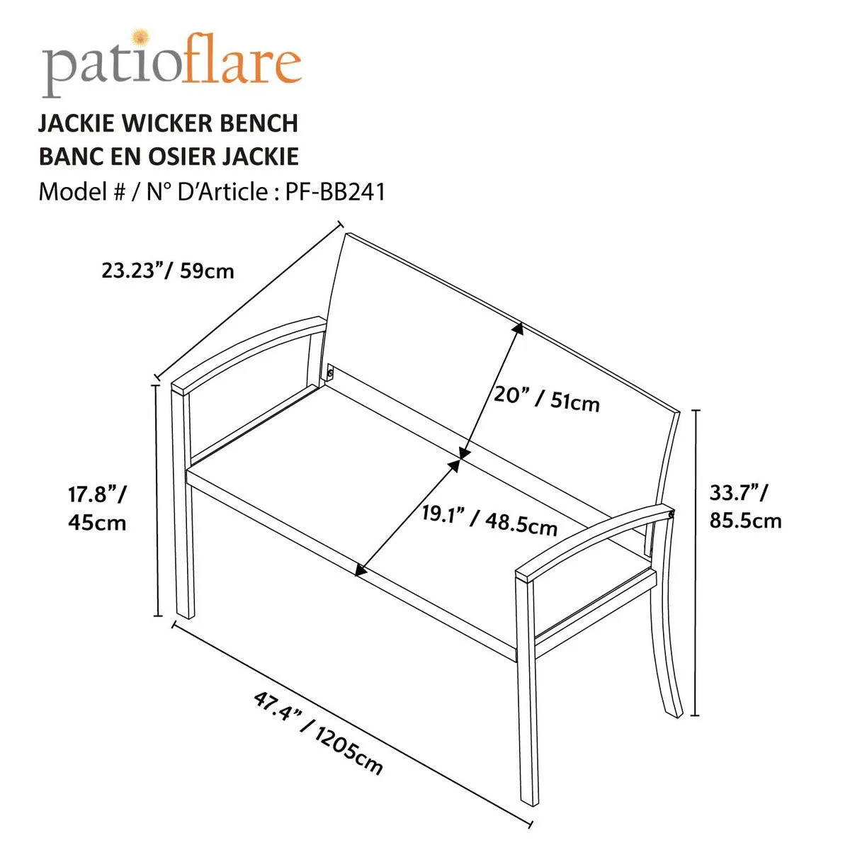 Outdoor Furniture - Patioflare Jackie Wicker Bench, PF-BB241-BK MO