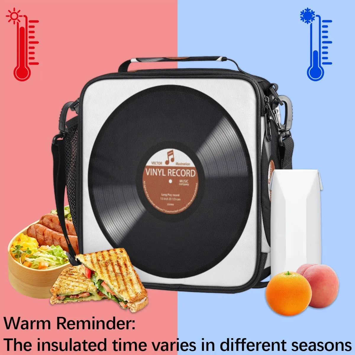 Pardick Music Record Black Kids Lunch Bag Retro Music Vinyl CD Insulated Lunch Box Mini Cooler Back to School Thermal Meal Tote Kit Bento Tote Bags Thermal Lunchbox for Boys Girls