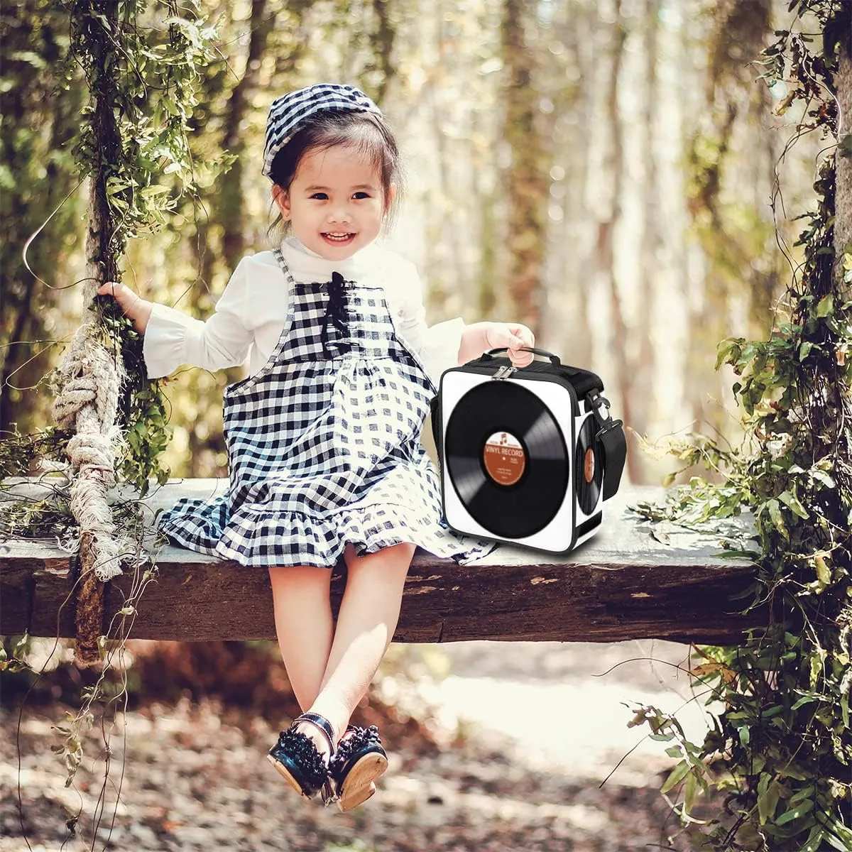 Pardick Music Record Black Kids Lunch Bag Retro Music Vinyl CD Insulated Lunch Box Mini Cooler Back to School Thermal Meal Tote Kit Bento Tote Bags Thermal Lunchbox for Boys Girls