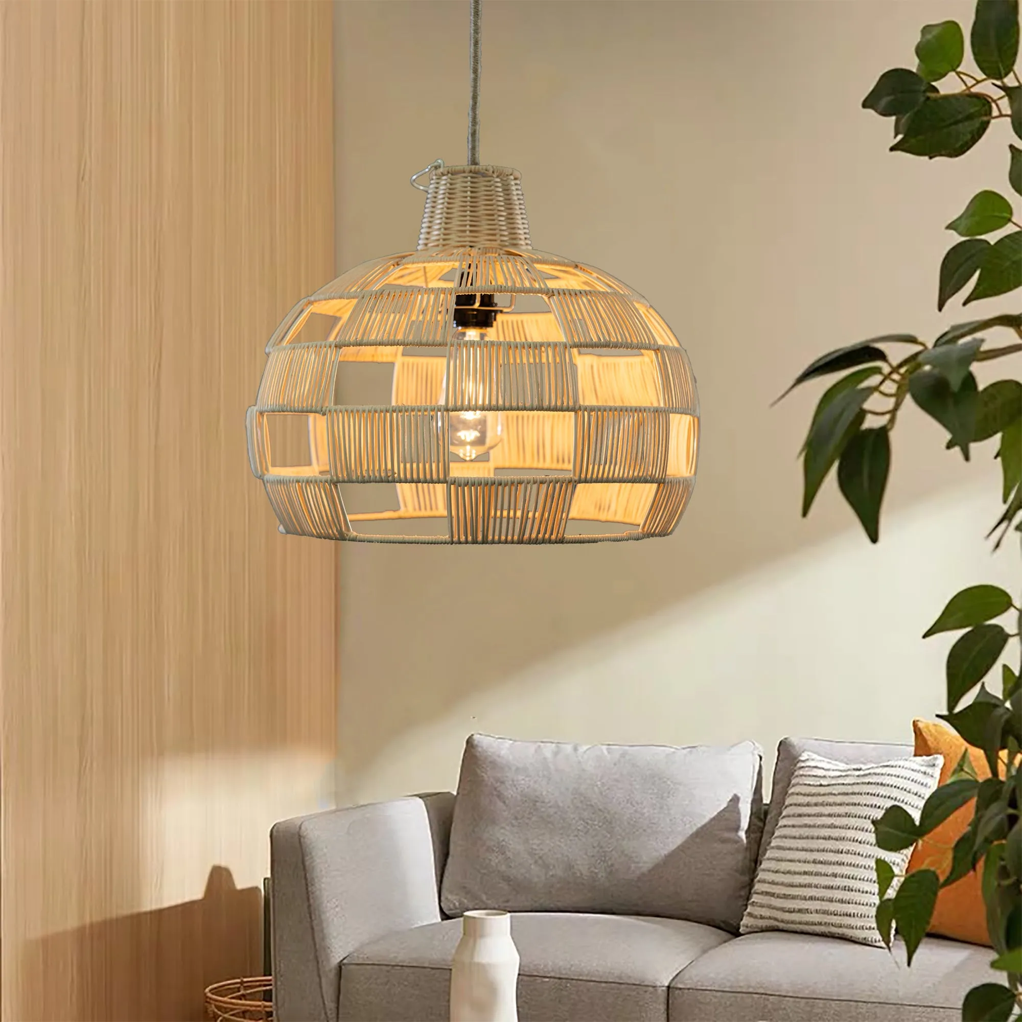 Plug In Wicker Rattan Natural Pendant Dome Shape Hanging Light