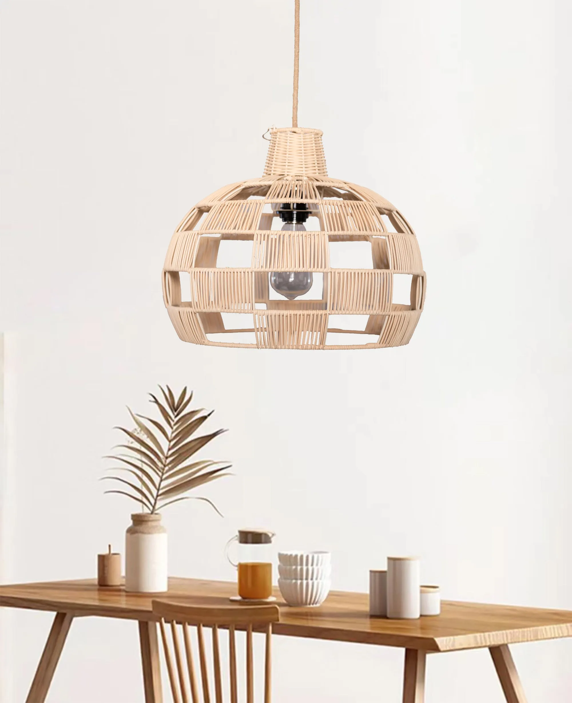 Plug In Wicker Rattan Natural Pendant Dome Shape Hanging Light