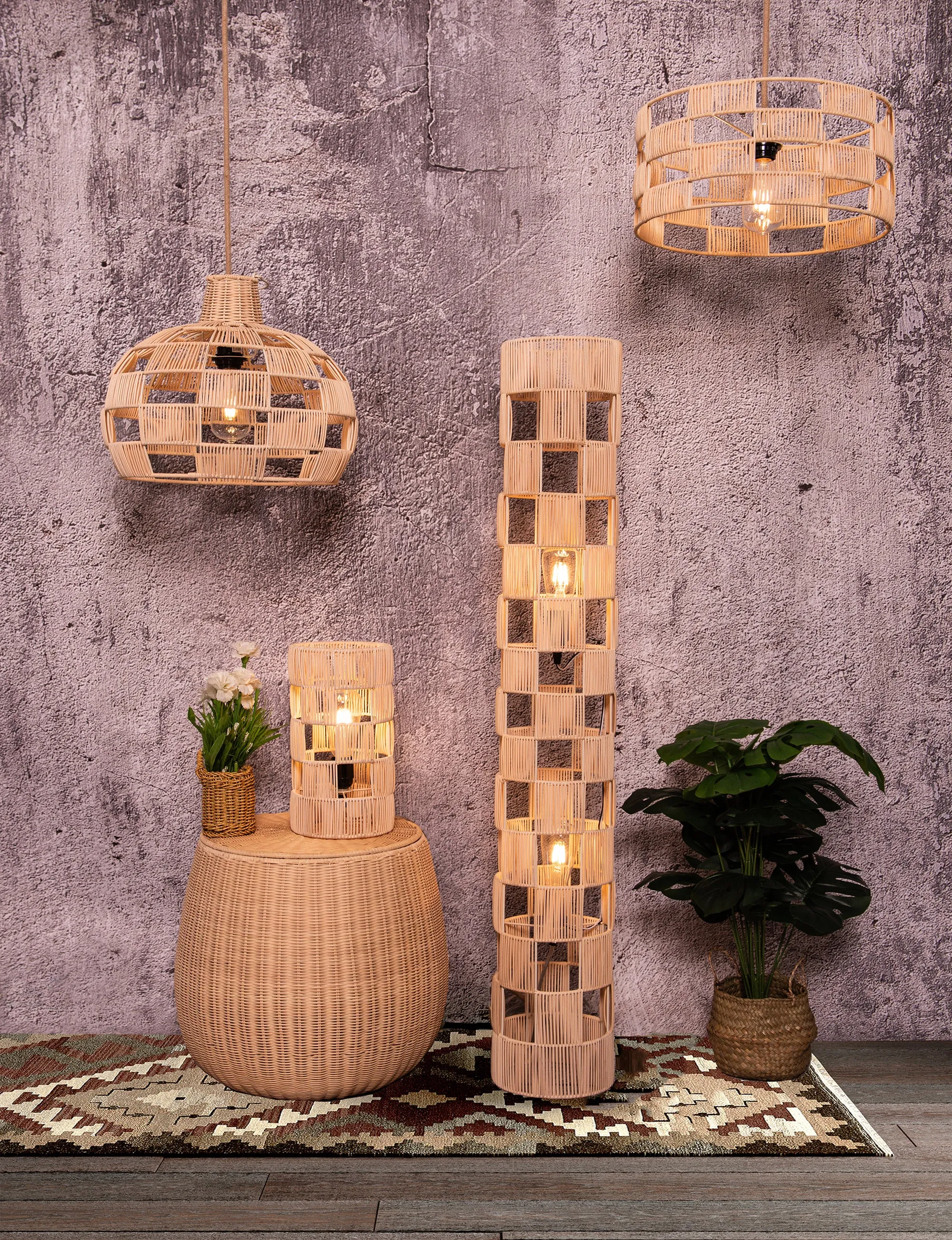 Plug In Wicker Rattan Natural Pendant Dome Shape Hanging Light
