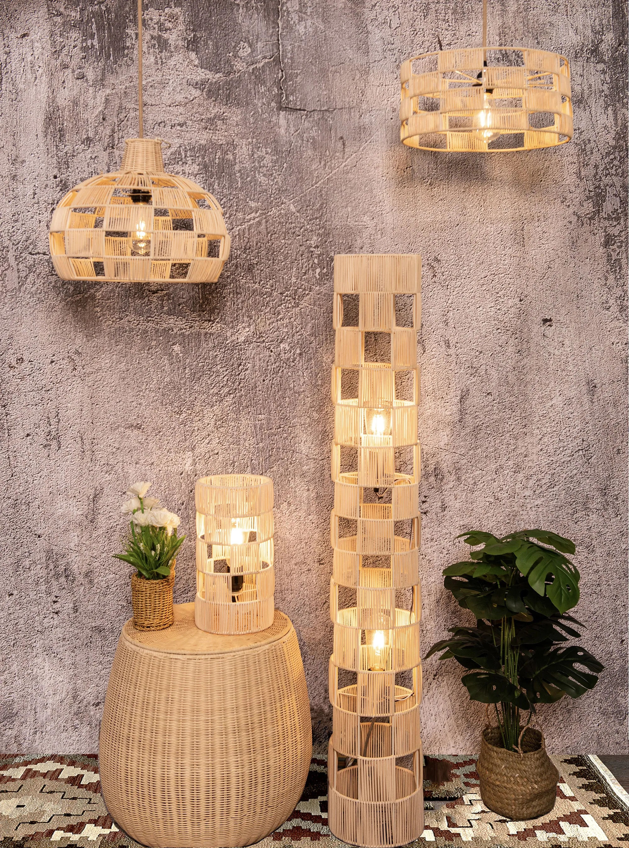Plug In Wicker Rattan Natural Pendant Dome Shape Hanging Light