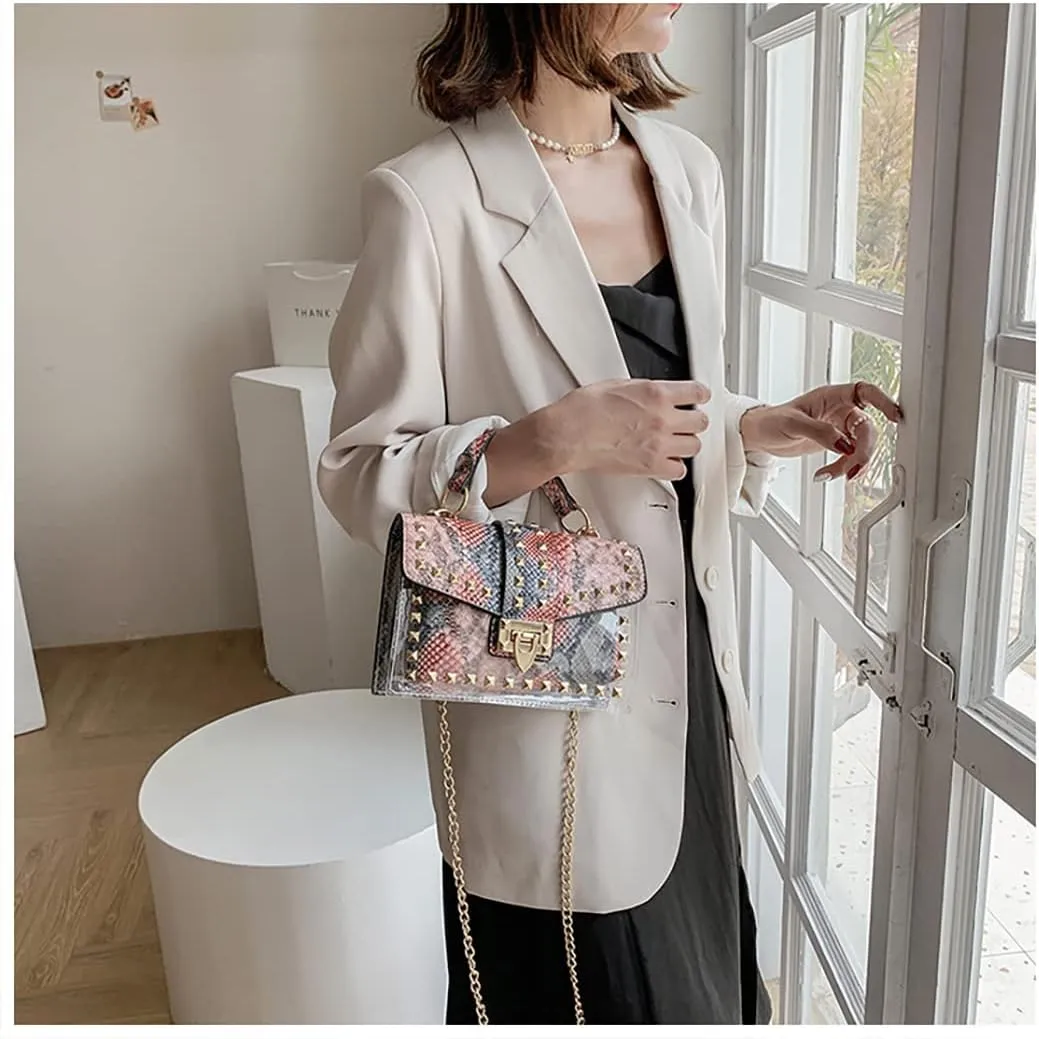 PU Leather Graffiti Shoulder Crossbody Rivet Square Snake-shaped Pattern Chain Bag