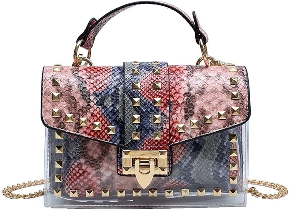 PU Leather Graffiti Shoulder Crossbody Rivet Square Snake-shaped Pattern Chain Bag