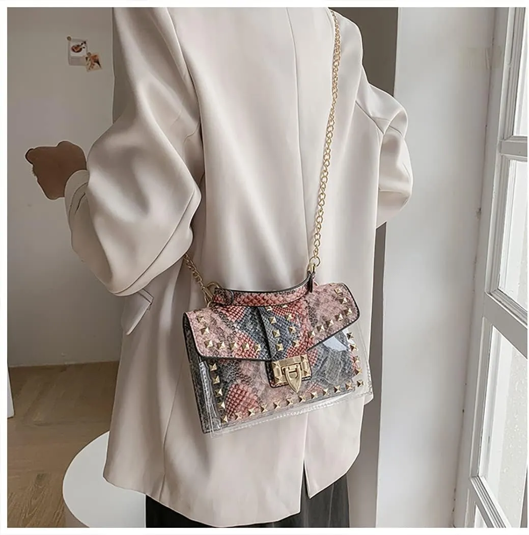 PU Leather Graffiti Shoulder Crossbody Rivet Square Snake-shaped Pattern Chain Bag