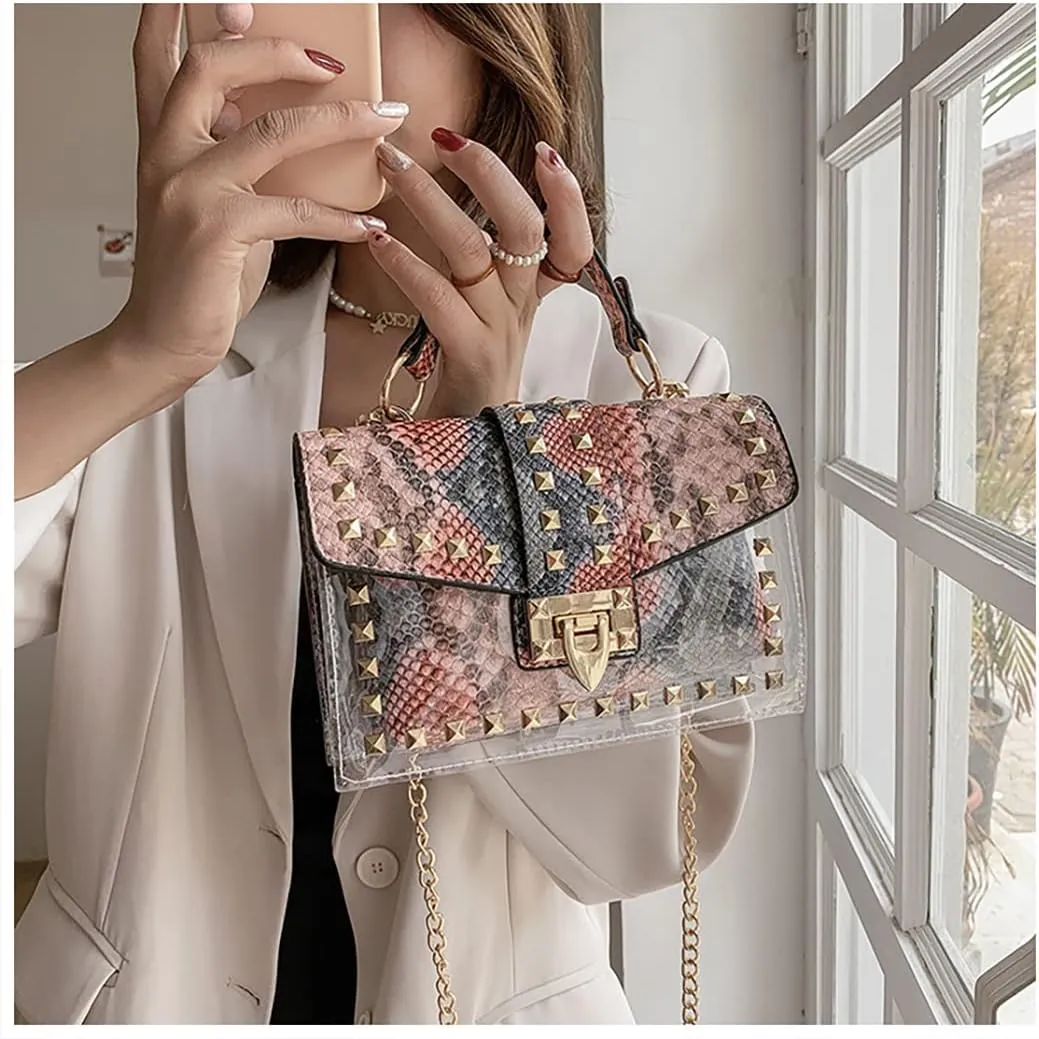 PU Leather Graffiti Shoulder Crossbody Rivet Square Snake-shaped Pattern Chain Bag