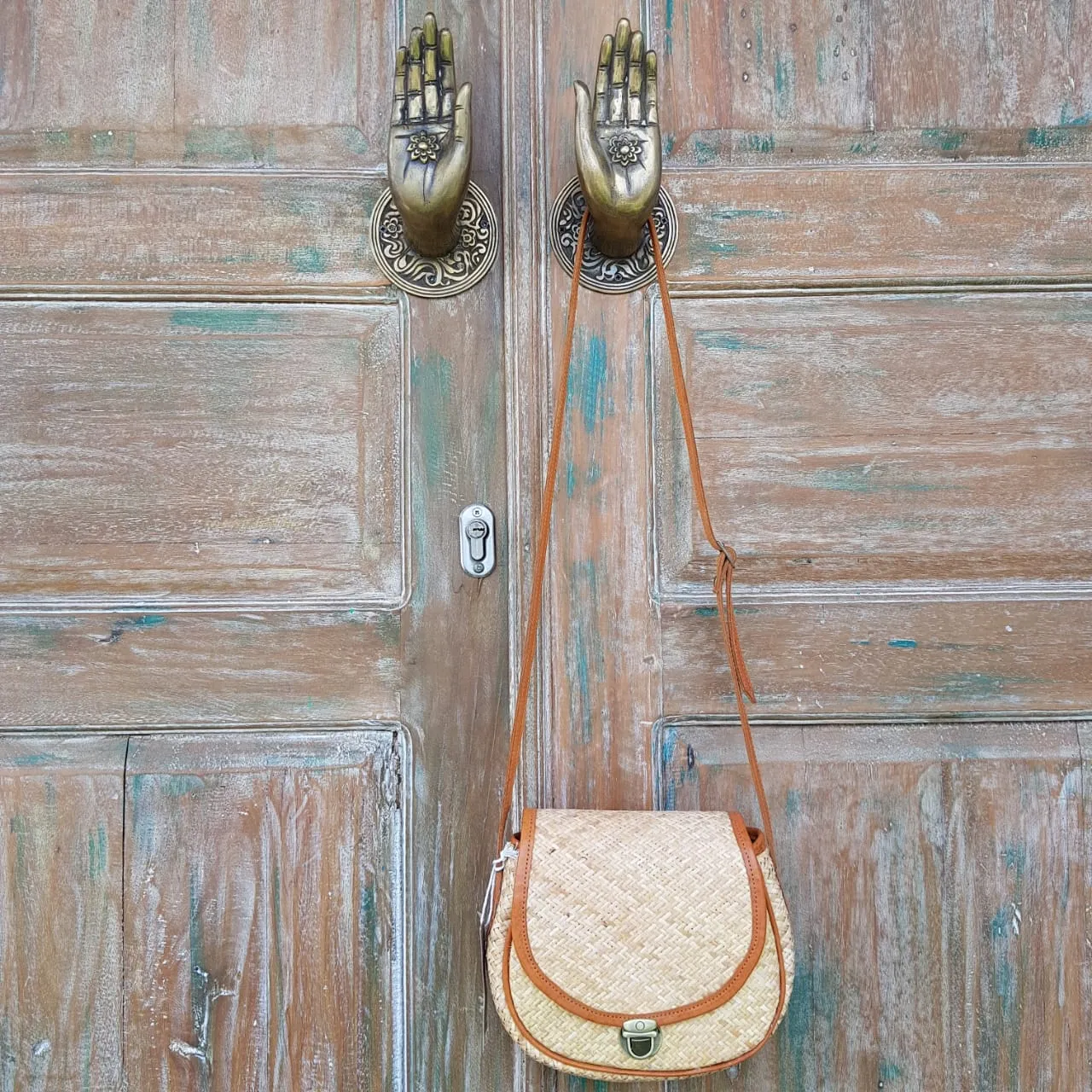 Rattan & Leather Half Round Shoulder Bag