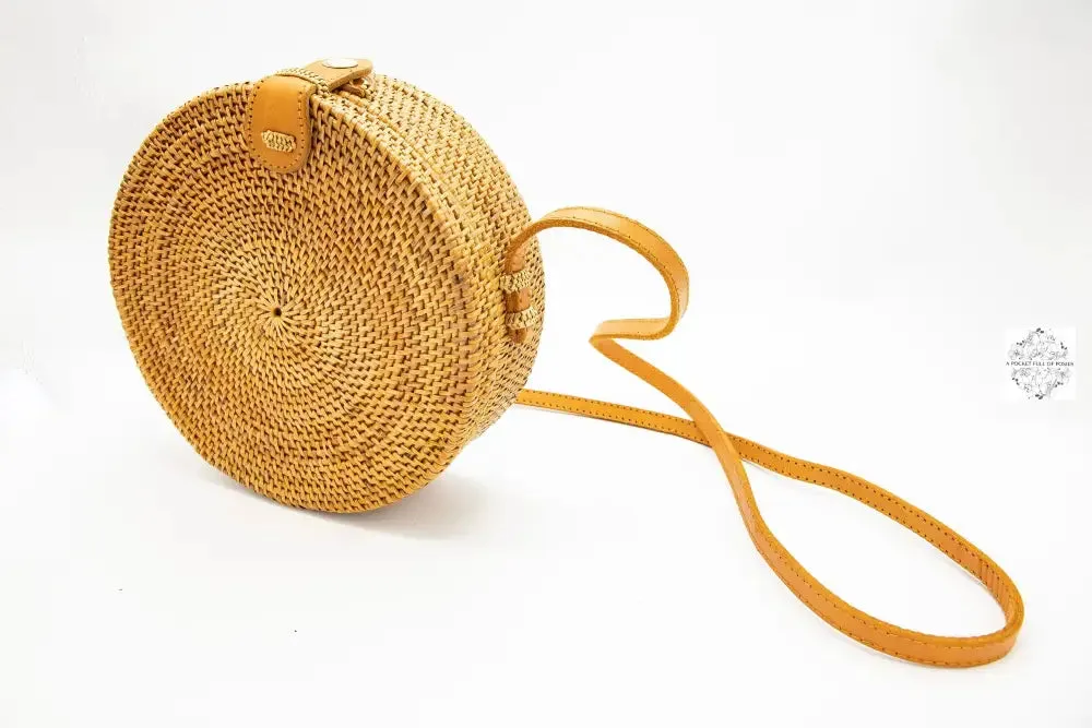 Round Ata Straw Bag with Crossbody Strap - Natural 8" Rattan Bag, Straw Purse, Boho Wicker, Batik Lining, Handmade in Bali, spring style