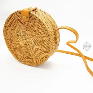 Round Ata Straw Bag with Crossbody Strap - Natural 8" Rattan Bag, Straw Purse, Boho Wicker, Batik Lining, Handmade in Bali, spring style