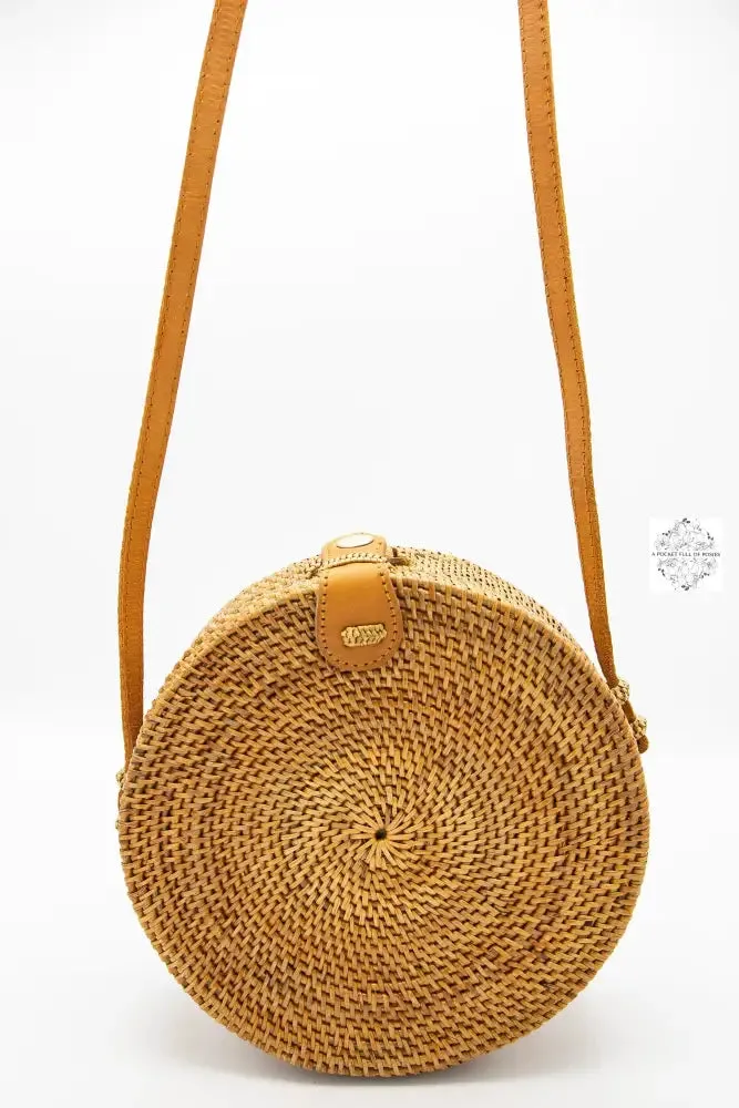 Round Ata Straw Bag with Crossbody Strap - Natural 8" Rattan Bag, Straw Purse, Boho Wicker, Batik Lining, Handmade in Bali, spring style