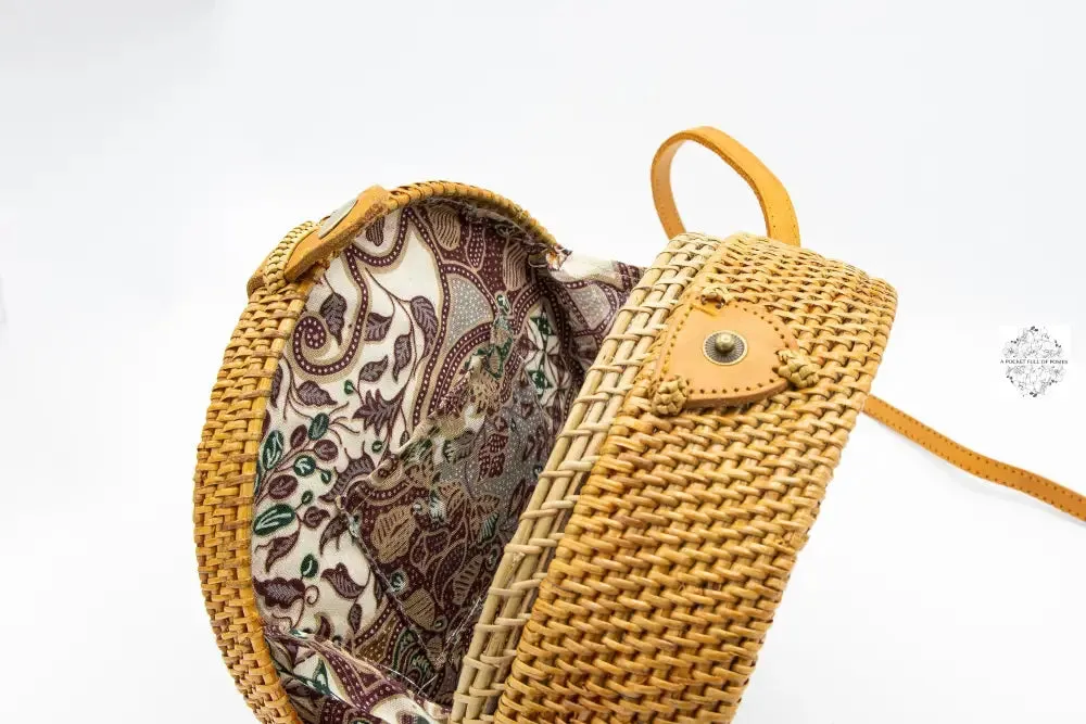 Round Ata Straw Bag with Crossbody Strap - Natural 8" Rattan Bag, Straw Purse, Boho Wicker, Batik Lining, Handmade in Bali, spring style