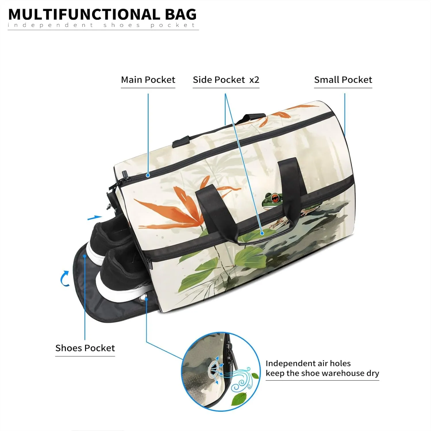 Sports Gym Bag for Women, Sport Duffle Workout Bags with Shoe Compartment, Small Womens Gym Bags, Chinese Painting Frog - 4