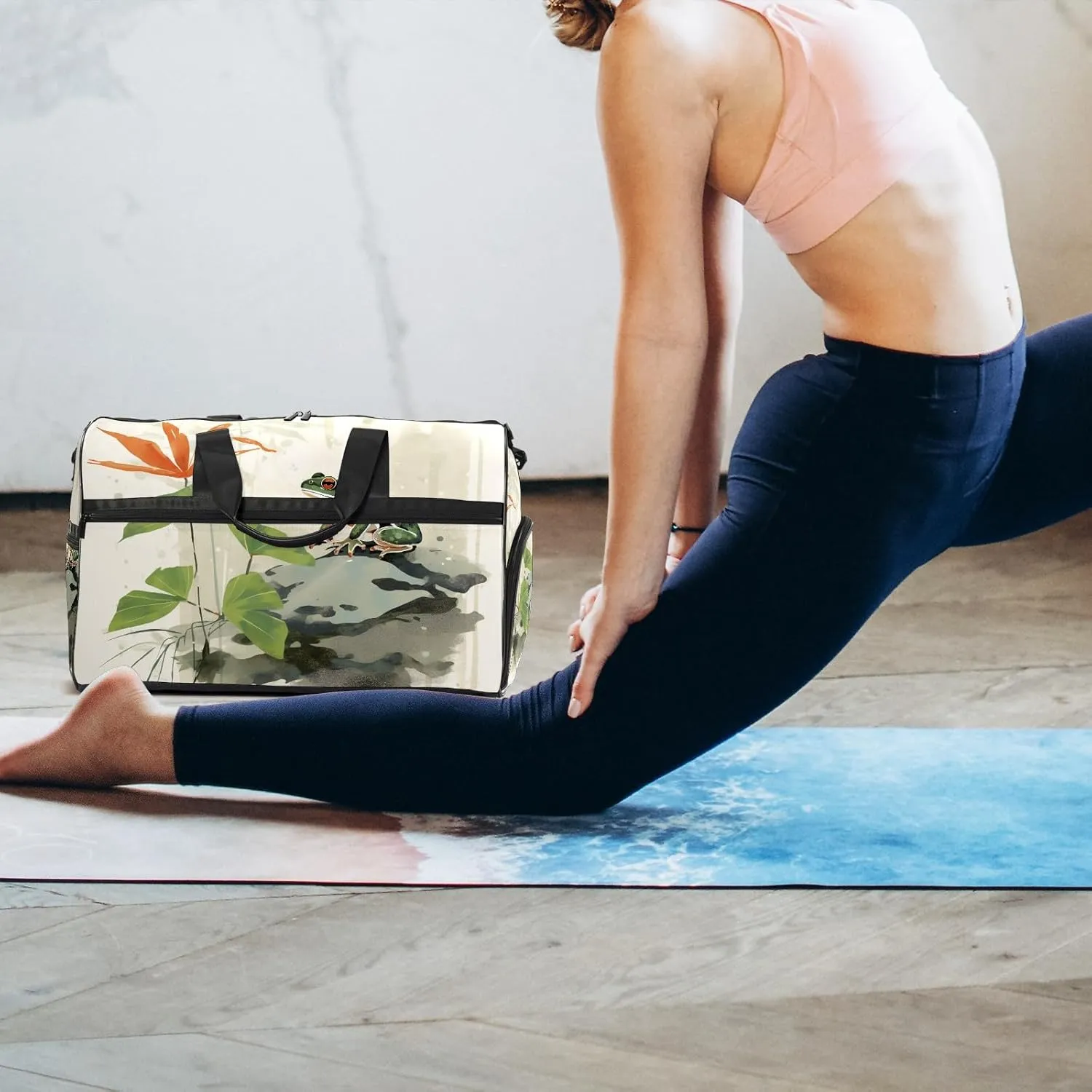 Sports Gym Bag for Women, Sport Duffle Workout Bags with Shoe Compartment, Small Womens Gym Bags, Chinese Painting Frog - 4