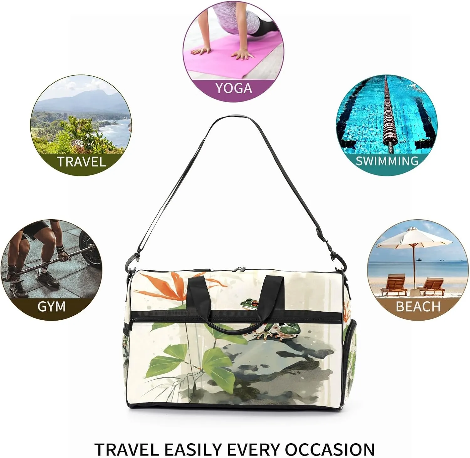 Sports Gym Bag for Women, Sport Duffle Workout Bags with Shoe Compartment, Small Womens Gym Bags, Chinese Painting Frog - 4