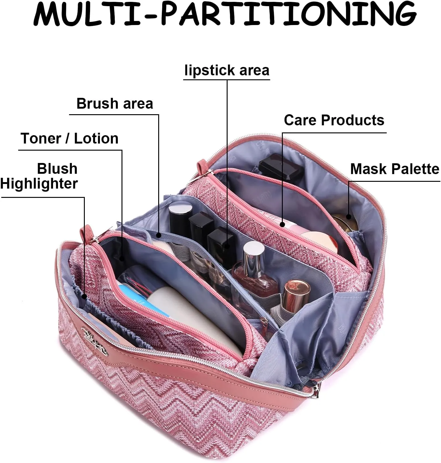 Travel Cosmetic Bag Makeup Bags for Women: Western Boho Make up Bag Set of 3 - Large Vegan Leather Cosmetic Organizer Bags with Compartments & Handle & Divider(Red)