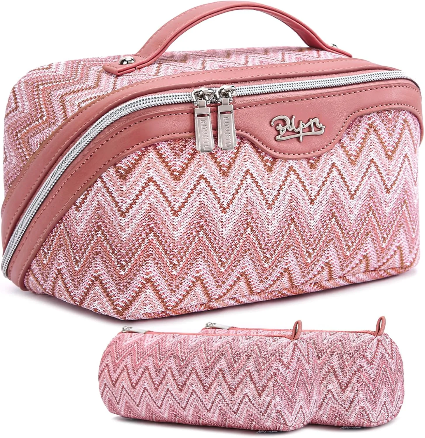 Travel Cosmetic Bag Makeup Bags for Women: Western Boho Make up Bag Set of 3 - Large Vegan Leather Cosmetic Organizer Bags with Compartments & Handle & Divider(Red)