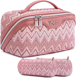 Travel Cosmetic Bag Makeup Bags for Women: Western Boho Make up Bag Set of 3 - Large Vegan Leather Cosmetic Organizer Bags with Compartments & Handle & Divider(Red)