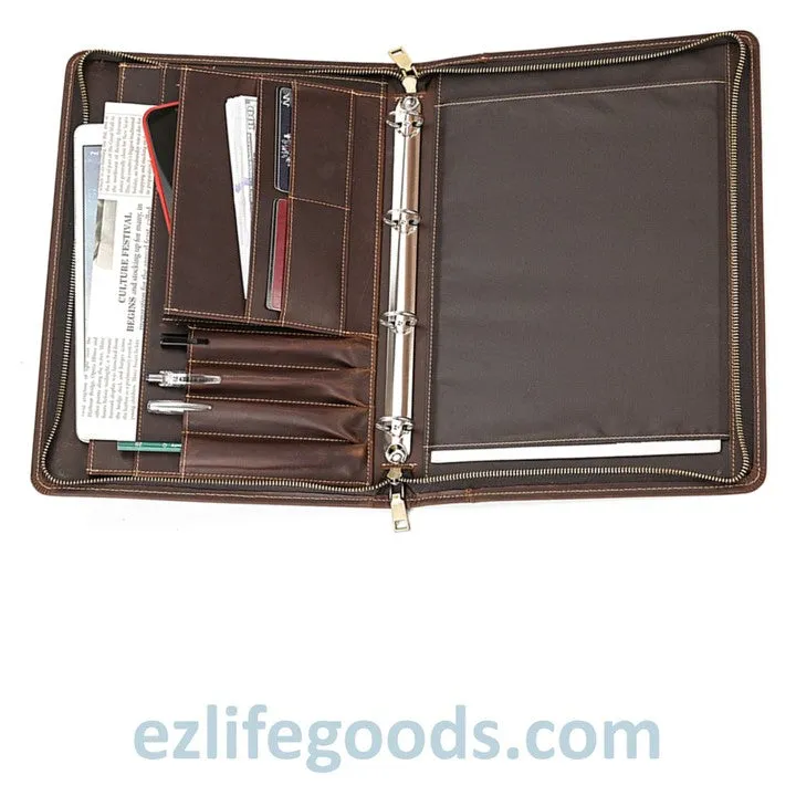 Unisex A4 Genuine Leather Portfolio Binder, Leather Business Portfolio | The Best Zippered Padfolio
