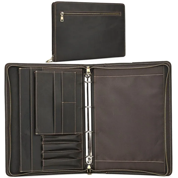 Unisex A4 Genuine Leather Portfolio Binder, Leather Business Portfolio | The Best Zippered Padfolio