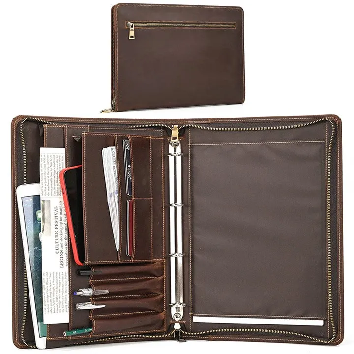 Unisex A4 Genuine Leather Portfolio Binder, Leather Business Portfolio | The Best Zippered Padfolio