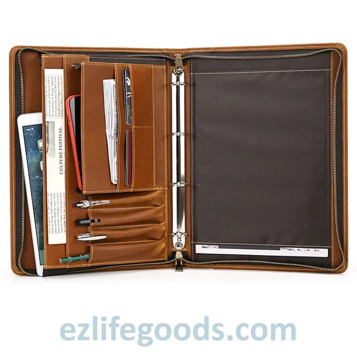 Unisex A4 Genuine Leather Portfolio Binder, Leather Business Portfolio | The Best Zippered Padfolio