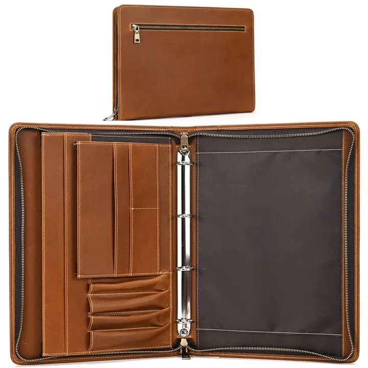 Unisex A4 Genuine Leather Portfolio Binder, Leather Business Portfolio | The Best Zippered Padfolio