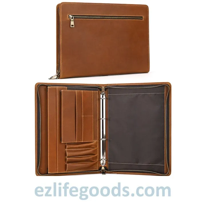 Unisex A4 Genuine Leather Portfolio Binder, Leather Business Portfolio | The Best Zippered Padfolio