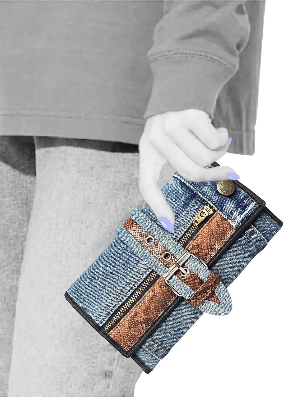 Upcycling Bifold Denim Wallet Decorated Snake skin PU leather Zipper and Buckle Accents Long Wallet Clutch Purse for Women (Brown)