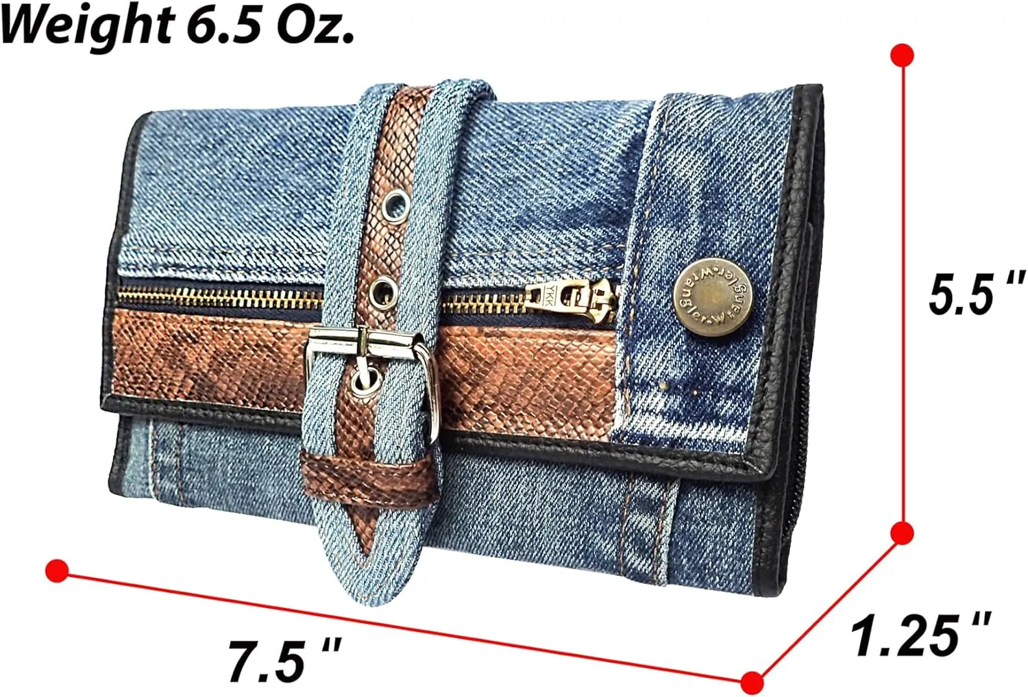 Upcycling Bifold Denim Wallet Decorated Snake skin PU leather Zipper and Buckle Accents Long Wallet Clutch Purse for Women (Brown)