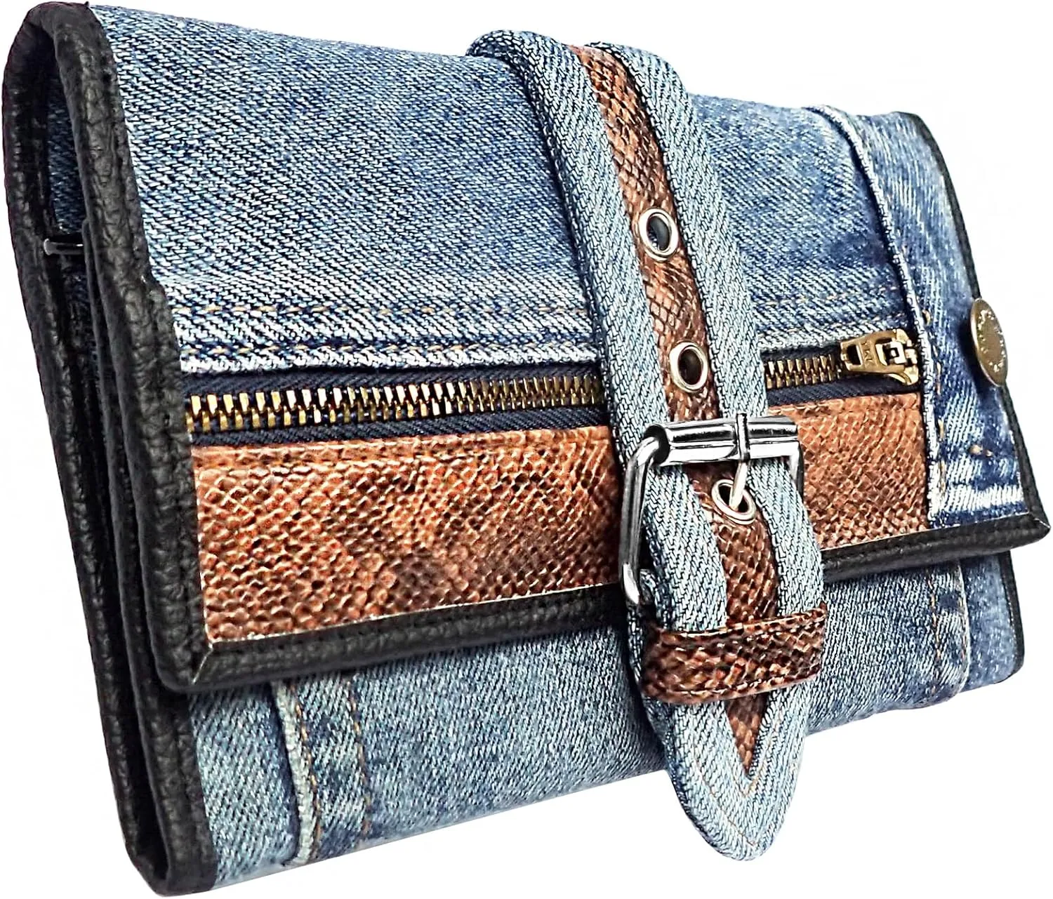 Upcycling Bifold Denim Wallet Decorated Snake skin PU leather Zipper and Buckle Accents Long Wallet Clutch Purse for Women (Brown)