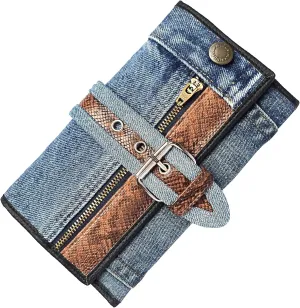 Upcycling Bifold Denim Wallet Decorated Snake skin PU leather Zipper and Buckle Accents Long Wallet Clutch Purse for Women (Brown)