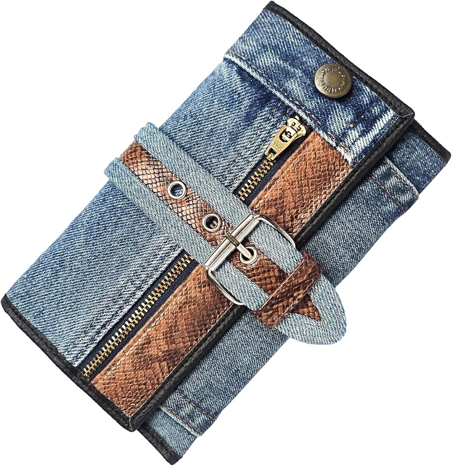 Upcycling Bifold Denim Wallet Decorated Snake skin PU leather Zipper and Buckle Accents Long Wallet Clutch Purse for Women (Brown)