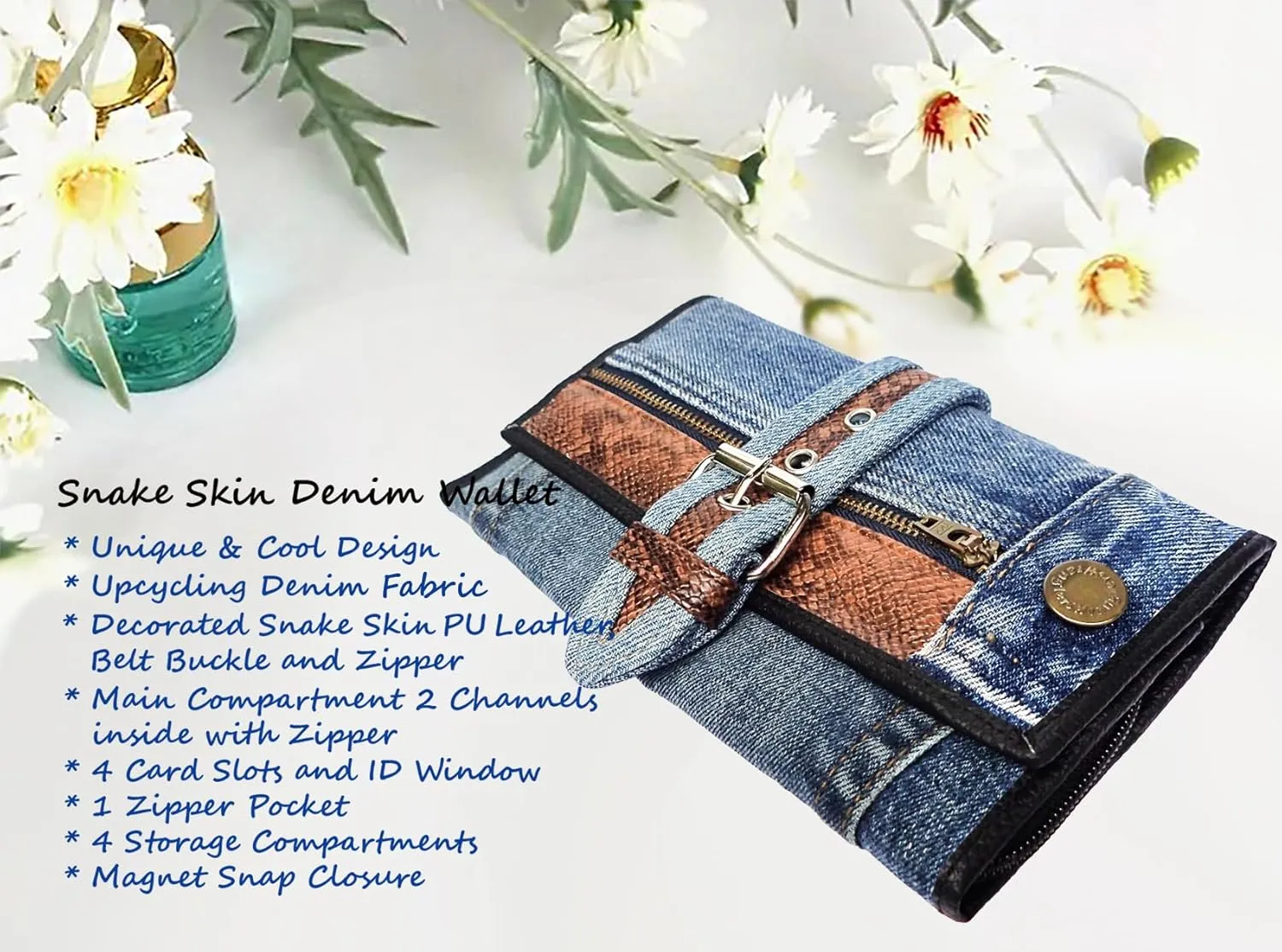 Upcycling Bifold Denim Wallet Decorated Snake skin PU leather Zipper and Buckle Accents Long Wallet Clutch Purse for Women (Brown)