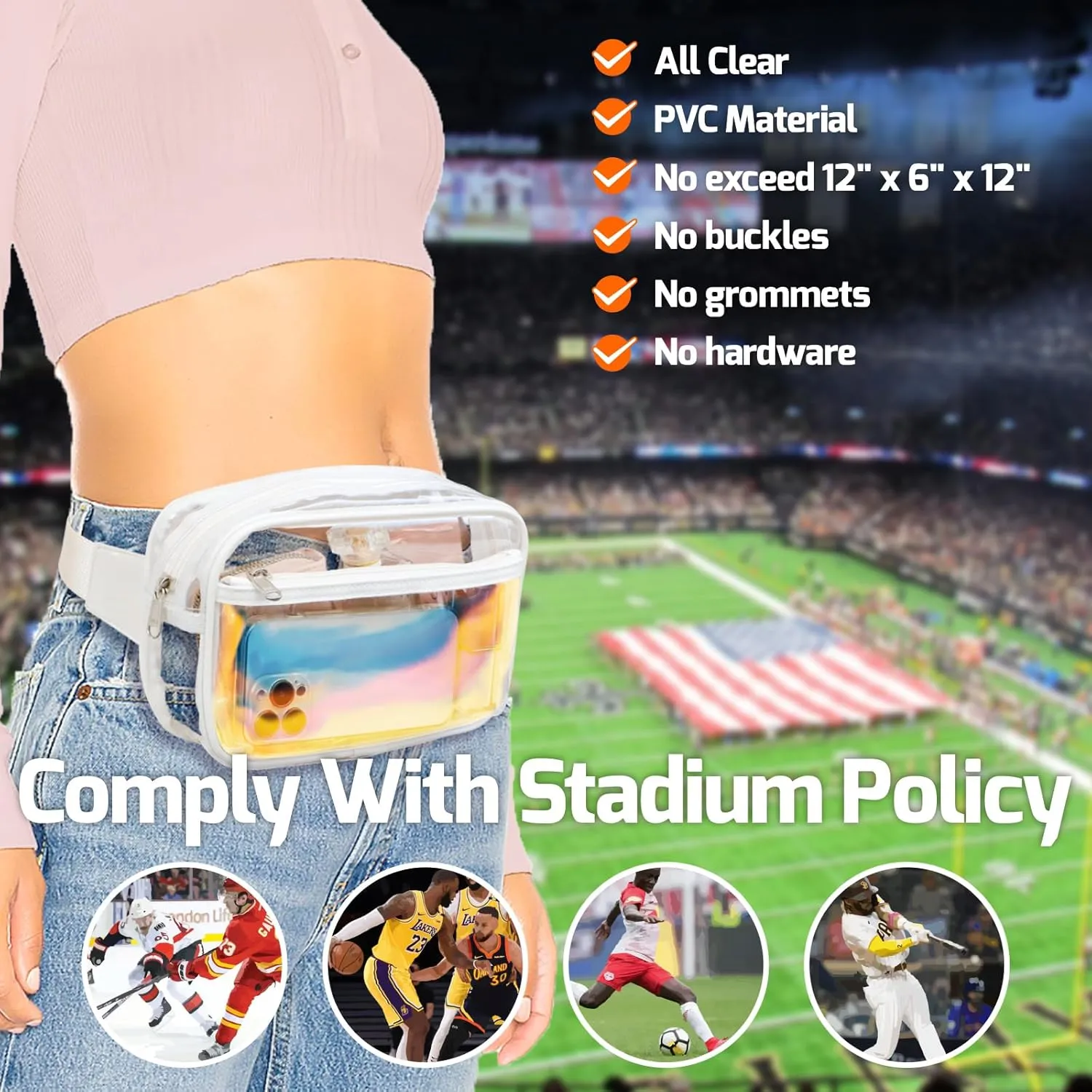 Veckle Clear Fanny Pack - Holographic White Clear Belt Bag Crossbody Fashion Fanny Packs for Women Men Cute Waist Bag with Adjustable Strap for Sports Events, Concerts, Festivals