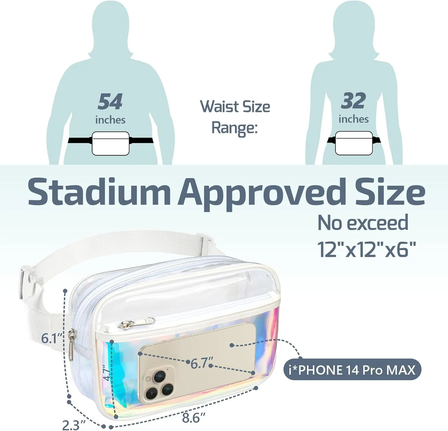 Veckle Clear Fanny Pack - Holographic White Clear Belt Bag Crossbody Fashion Fanny Packs for Women Men Cute Waist Bag with Adjustable Strap for Sports Events, Concerts, Festivals
